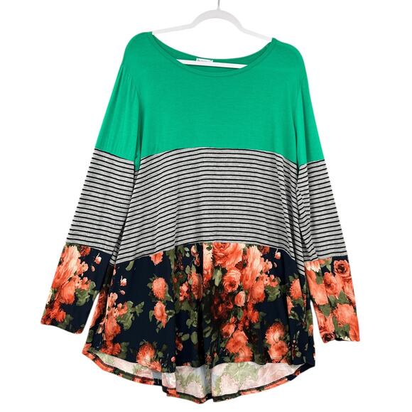 Egs California Green Colorblock Striped Floral Print Long Sleeve Tunic Top XL - Picture 2 of 7